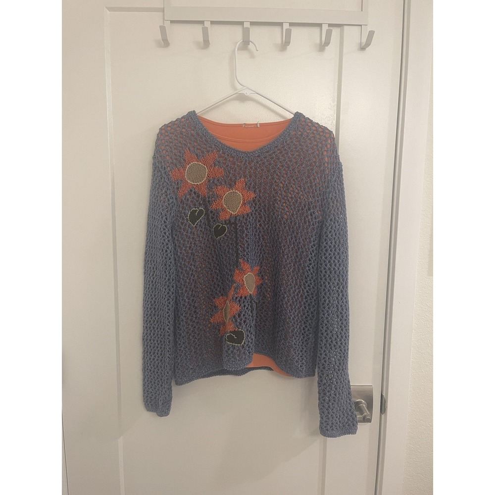Vintage Y2K Knitted Sunflower Sweater Blue Orange Whimseygoth Fall Cottagecore